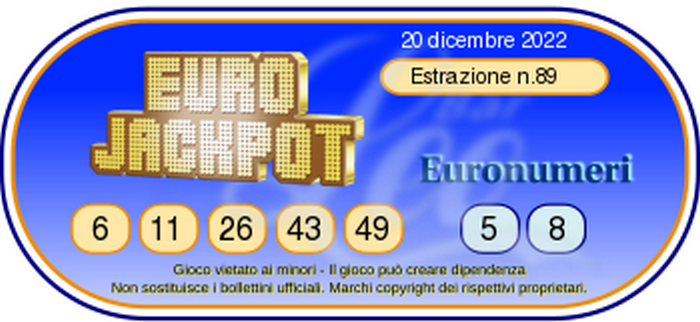 Eurojackpot - Numeri Vincenti Martedi 20  dicembre 2022