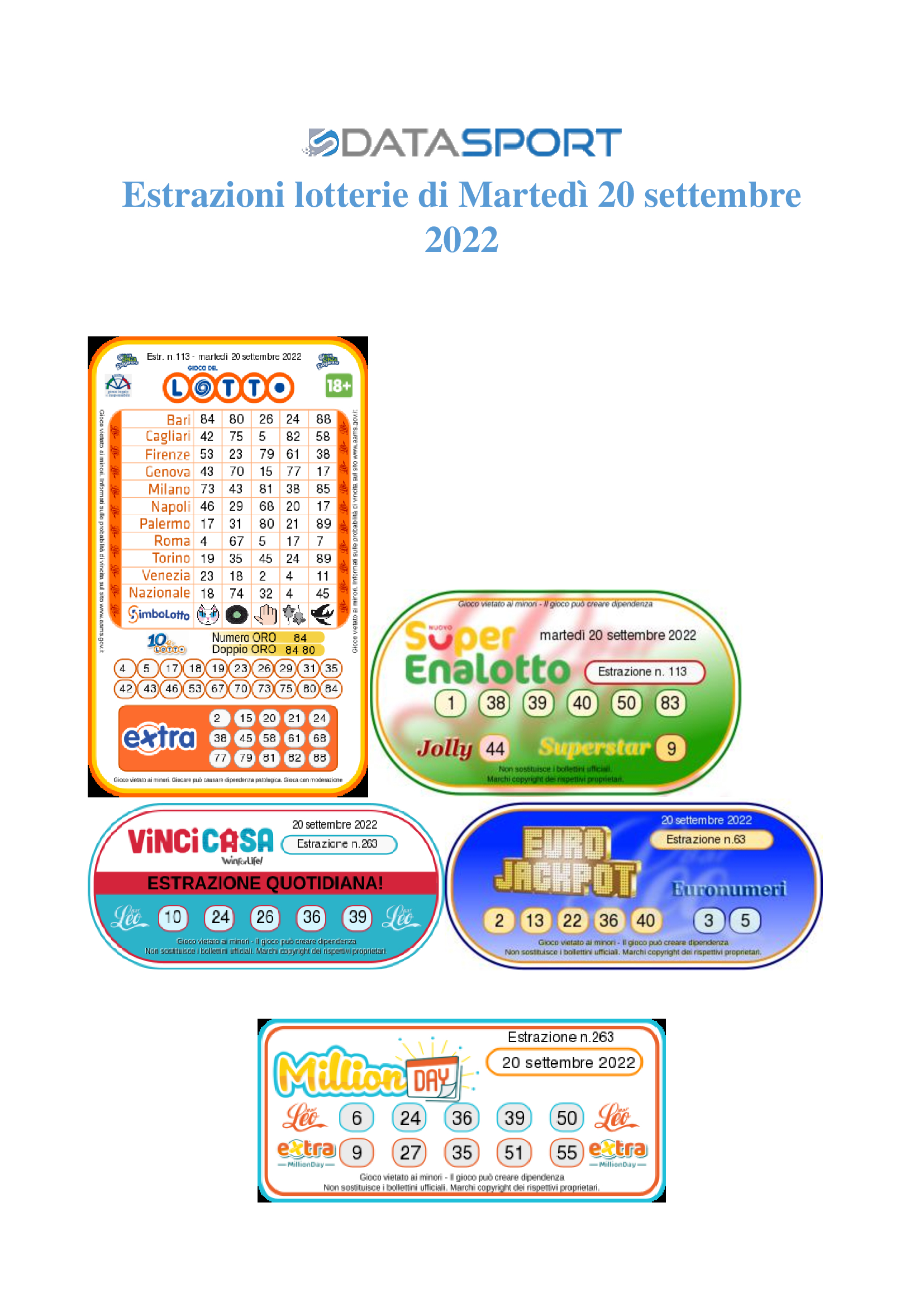 Estrazioni lotterie 20 settembre 2022: Lotto Superenalotto Simbolotto 10eLotto MillionDay VinciCasa ed Eurojackpot