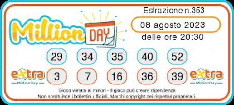 MILLIONDAY   Estrazione oggi Martedi 8 Agosto  2023