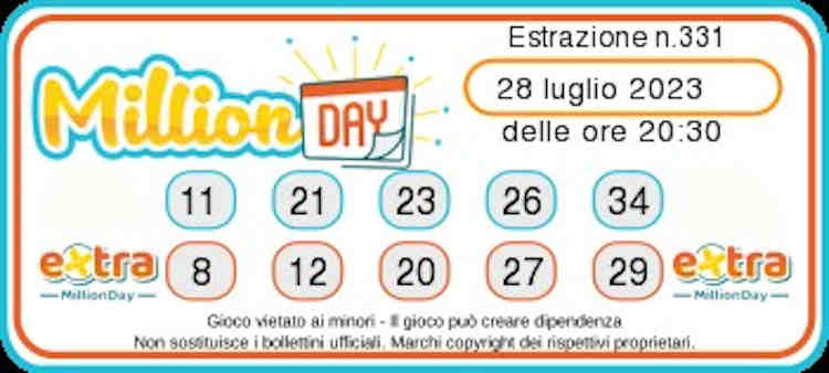 MILLIONDAY   Estrazione oggi Venerdi 28  Luglio 2023