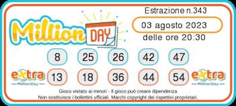 MILLIONDAY   Estrazione oggi Giovedi 3 Agosto  2023