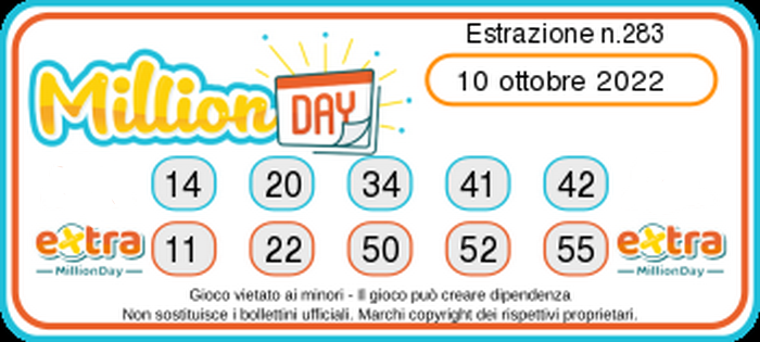 MillionDay  numeri vincenti  Lunedi 10 Ottobre   2022