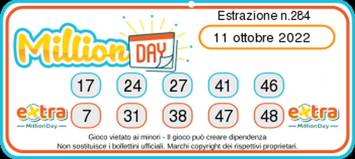 MillionDay  numeri vincenti  Martedi 11 Ottobre   2022