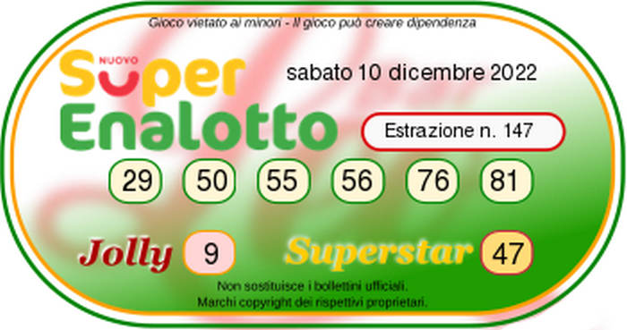 Superenalotto - Numeri Vincenti Sabato 10  Dicembre 2022
