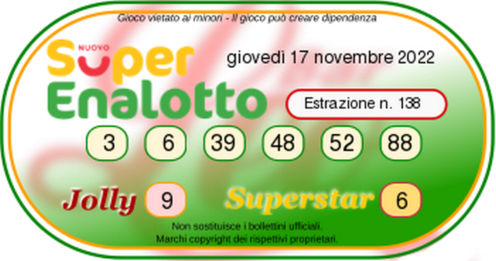 Superenalotto - Numeri Vincenti Giovedi 17 Novembre 2022