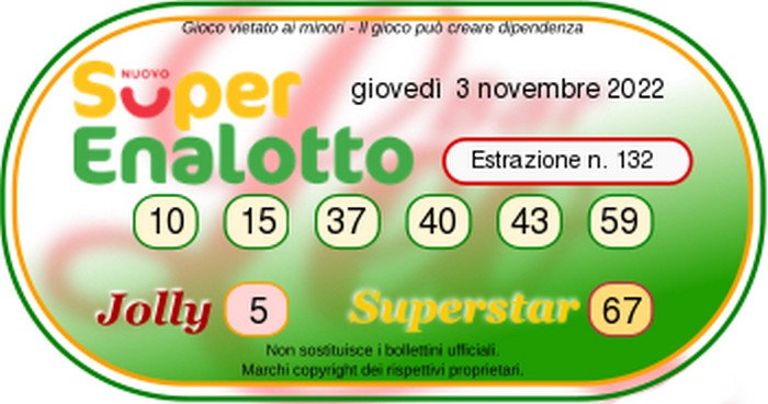 Superenalotto - Numeri Vincenti Giovedi 3 Novembre 2022