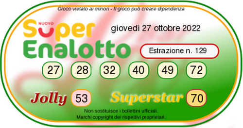 Superenalotto - Numeri Vincenti Giovedi 27  Ottobre 2022