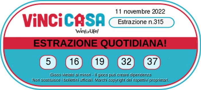 VinciCasa - Estrazione Numeri Vincenti   Venerdi 11   Novembre 2022