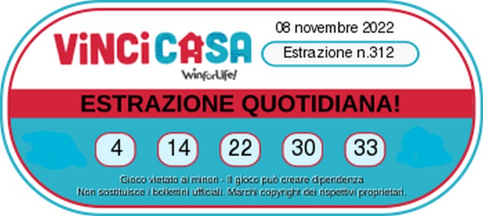 VinciCasa - Estrazione Numeri Vincenti   Martedi 8  Novembre 2022