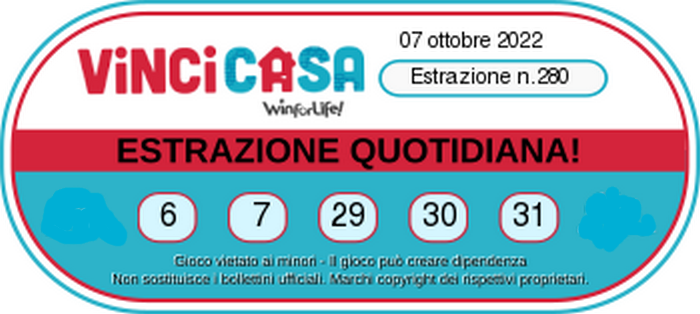 Vincicasa  numeri vincenti Venerdi 7 Ottobre 2022