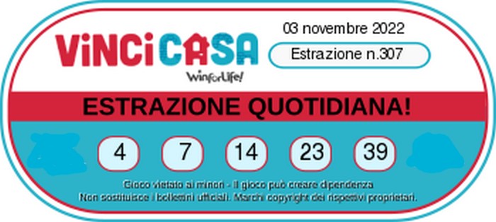 VinciCasa - Estrazione Numeri Vincenti   Giovedi 3  Novembre 2022
