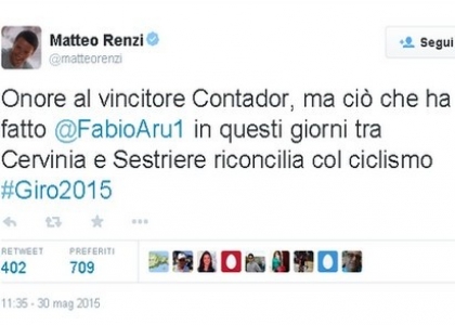 Giro 2015: Renzi fa i complimenti ad Aru. Video