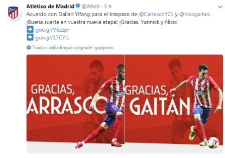 Liga, Atletico Madrid: Carrasco e Gaitan al Dailan Yifang